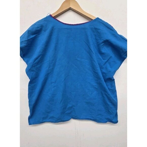 Mexican Bird embroidered handmade blouse Blue Flowers Frida Khalo Style LG - Picture 2 of 7